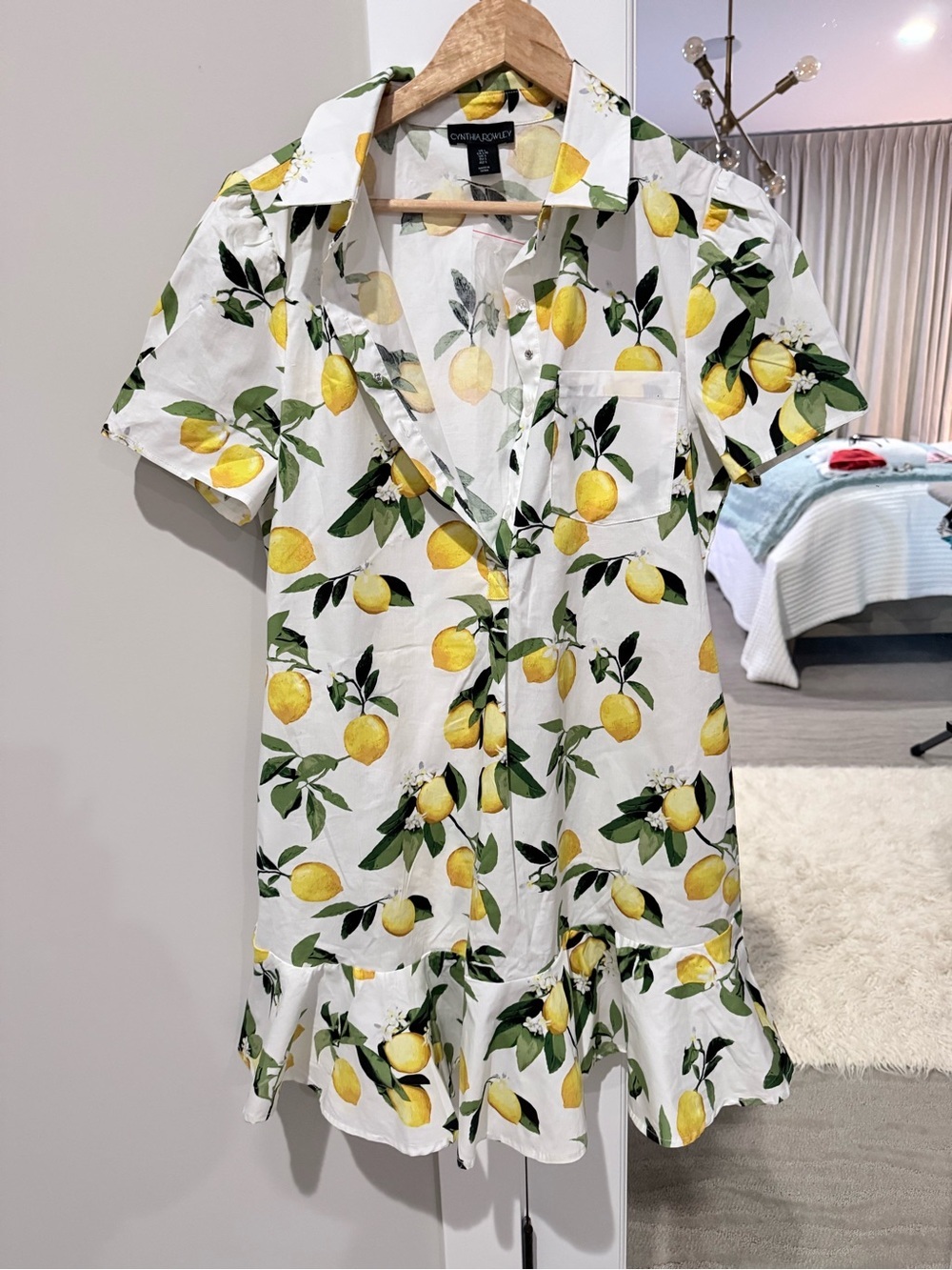 Cynthia Rowley Lemon Print Short Sleeve Shirt Dress Size Large